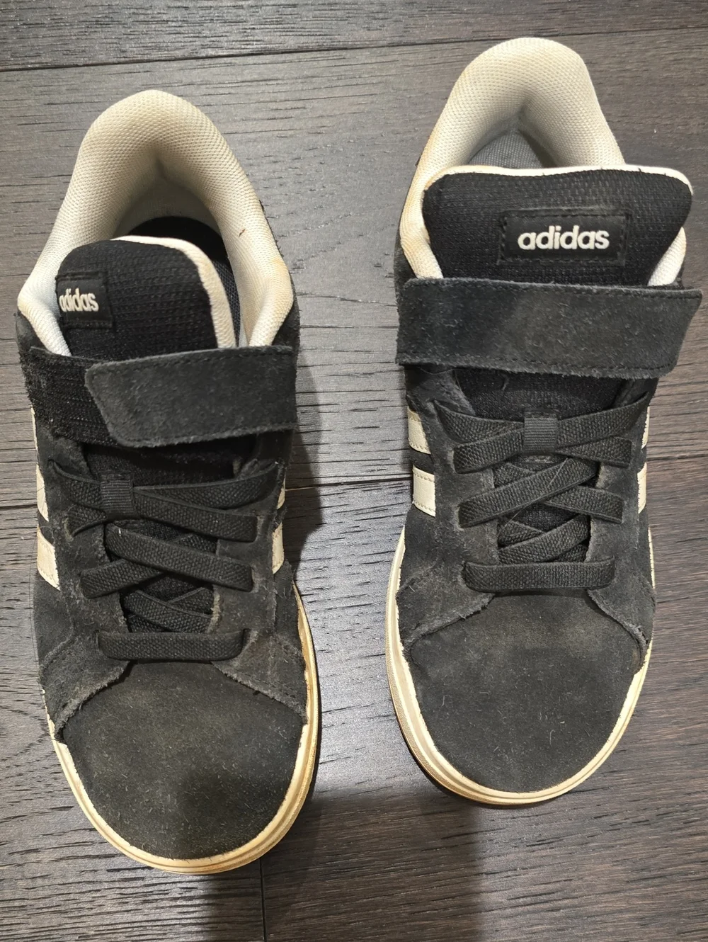 adidas Kids Black Suede Sneakers with Cream Stripes and Sole